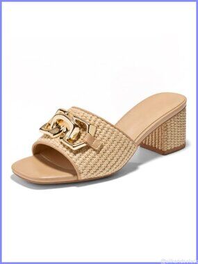 Raffia Slide Sandals Square Toe Chunky Block Heel Metal Chain